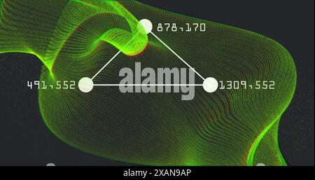 Image of changing numbers around connected dots forming triangle over dynamic wave Stock Photo