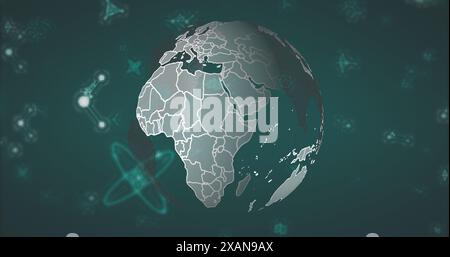 Image of multiple molecules floating over rotating globe against abstract background Stock Photo