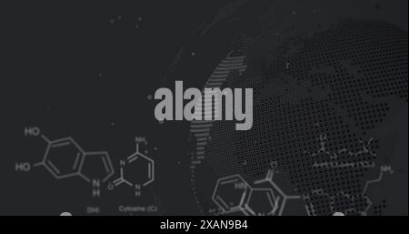 Image of molecule structures, computer language over dots on globe against abstract background Stock Photo
