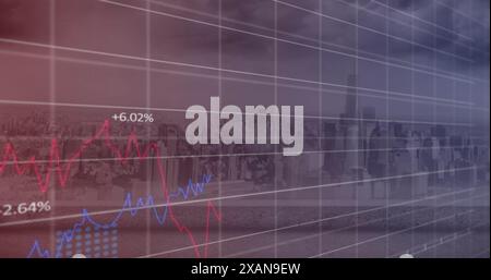 Image of financial data processing over cityscape Stock Photo