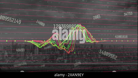 Image of changing numbers floating over data processing against aerial view of cityscape Stock Photo