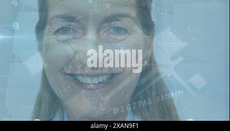 Image of data processing over smiling caucasian female doctor Stock Photo