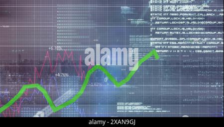 Image of statistical data processing over grid network against aerial view of cityscape Stock Photo