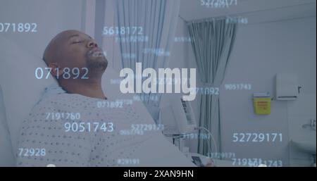 Image of numbers processing over caucasian female doctor making notes Stock Photo