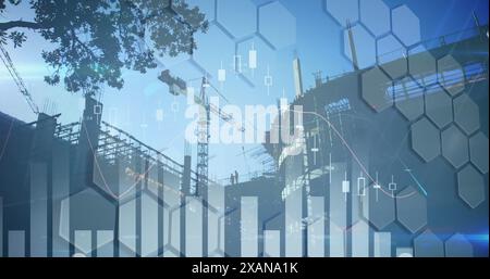 Image of financial data processing over cityscape Stock Photo