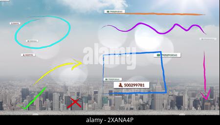 Abstract colorful shapes and social media concept icons floating against aerial view of cityscape Stock Photo