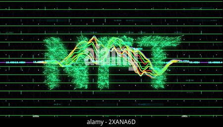 Image of green nft text over financial data processing Stock Photo