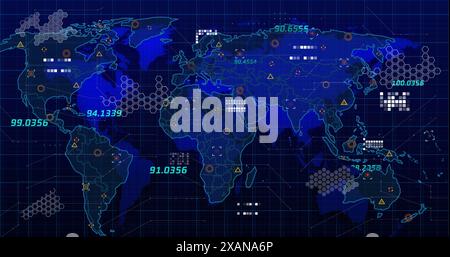Image of data processing over world map on black background Stock Photo