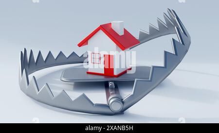 3d rendering of an isolated house on top of a trap suggesting risk in real estate in the white background Stock Photo