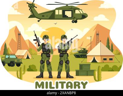 Vector Illustration of Military Army Forces featuring Soldiers, Weapons, Tanks, and Heavy Protective Equipment in a Flat Style Cartoon Background Stock Vector