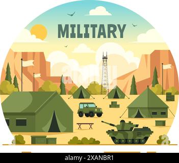 Vector Illustration of Military Army Forces featuring Soldiers, Weapons, Tanks, and Heavy Protective Equipment in a Flat Style Cartoon Background Stock Vector