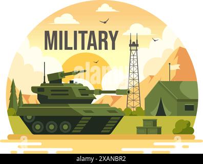 Vector Illustration of Military Army Forces featuring Soldiers, Weapons, Tanks, and Heavy Protective Equipment in a Flat Style Cartoon Background Stock Vector