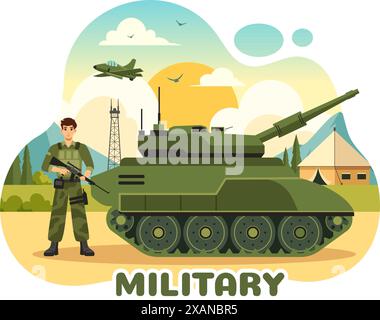 Vector Illustration of Military Army Forces featuring Soldiers, Weapons, Tanks, and Heavy Protective Equipment in a Flat Style Cartoon Background Stock Vector