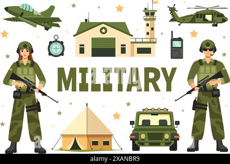 Vector Illustration of Military Army Forces featuring Soldiers, Weapons, Tanks, and Heavy Protective Equipment in a Flat Style Cartoon Background Stock Vector