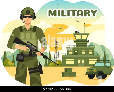 Vector Illustration of Military Army Forces featuring Soldiers, Weapons, Tanks, and Heavy Protective Equipment in a Flat Style Cartoon Background Stock Vector