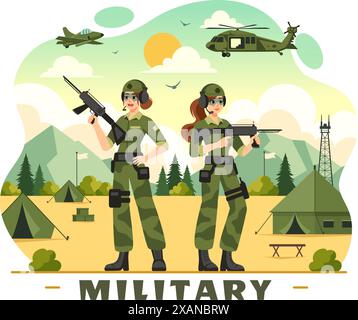 Vector Illustration of Military Army Forces featuring Soldiers, Weapons, Tanks, and Heavy Protective Equipment in a Flat Style Cartoon Background Stock Vector