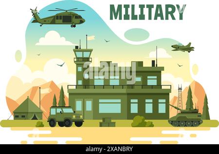 Vector Illustration of Military Army Forces featuring Soldiers, Weapons, Tanks, and Heavy Protective Equipment in a Flat Style Cartoon Background Stock Vector