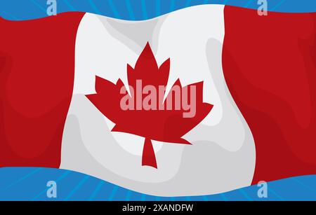 Canada flag with maple leaf and waving effect on blue background. Stock Vector