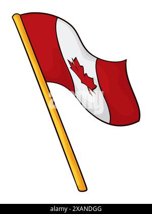 Canadian flag isolated hoisted on golden flagpole in cartoon style. Stock Vector