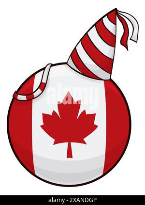 Patriotic and festive Canadian elements with round button and Canada flag inside, party hat and streamer. Cartoon style design. Stock Vector