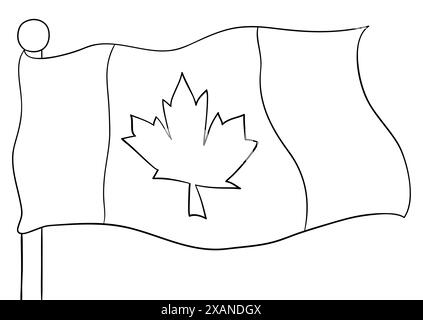 Waving Canadian flag with maple leaf and flagpole in outlines for coloring activities. Stock Vector