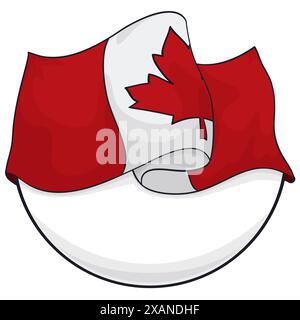 Template with waving Canadian flag on round button in cartoon style and white background. Stock Vector