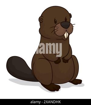 Cute beaver in standing position. Design in cartoon style on white background. Stock Vector