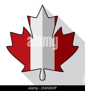 Maple leaf silhouette with Canadian flag inside in flat style and long shadow. Stock Vector