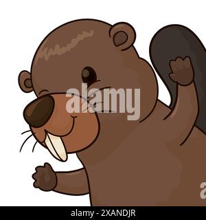 Portrait of a cute and happy beaver in cartoon style on white background. Stock Vector