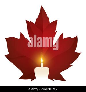Canadian Independence Day design featuring a silhouette of a maple leaf and a lit birthday candle on a tiny cake. Stock Vector