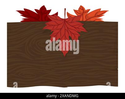 Template with wooden sign decorated with red and autumn leaves in cartoon style. Stock Vector