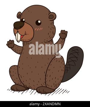 Cute beaver standing with hands up waving you in doodle style. Stock Vector