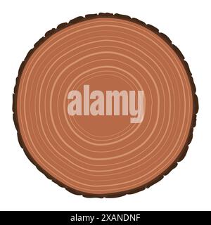 Slice of a tree with its rays and bark. Flat design on white background. Stock Vector