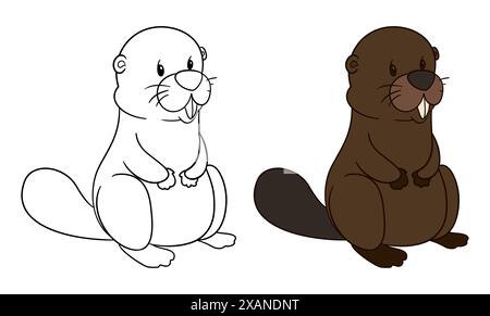 Set with cute beavers in outline and color versions for coloring activities. Stock Vector