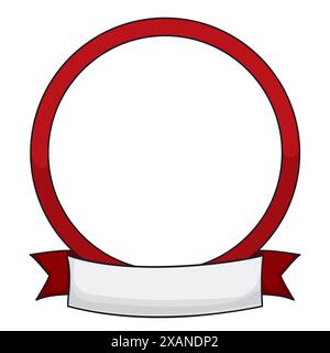 Template with round red frame wrapped with empty ribbon in cartoon style on white background. Stock Vector