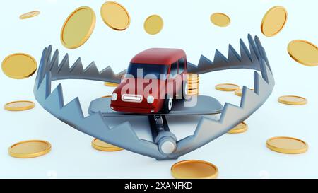 3d rendering of car, gold coins and bear trap isolated on the background Stock Photo