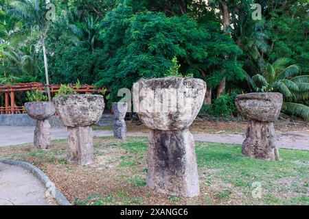 Ancient stone pillars in Latte Stone Park, Agana, Guam, Micronesia, Mariana Islands, Pacific Ocean. These latte stones were relocated in 1956 from the Stock Photo