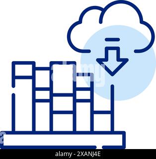 Bookshelf, cloud and download arrow. Access to literary works and reading materials in digital format on cloud platforms. Pixel perfect, editable stro Stock Vector