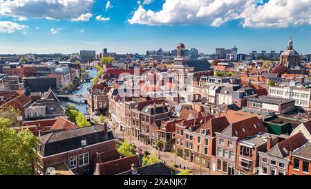 Aerial drone view of Leiden town from above, typical Dutch city skyline with canals and houses, Holland, Netherlands Stock Photo