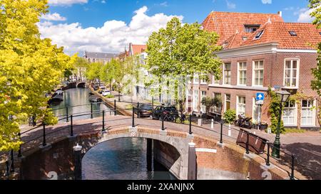 Aerial drone view of Leiden town from above, typical Dutch city skyline with canals and houses, Holland, Netherlands Stock Photo