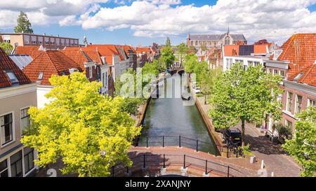 Aerial drone view of Leiden town from above, typical Dutch city skyline with canals and houses, Holland, Netherlands Stock Photo