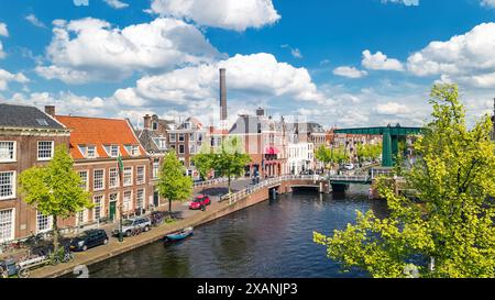 Aerial drone view of Leiden town from above, typical Dutch city skyline with canals and houses, Holland, Netherlands Stock Photo