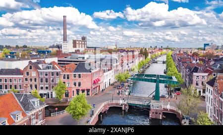 Aerial drone view of Leiden town from above, typical Dutch city skyline with canals and houses, Holland, Netherlands Stock Photo