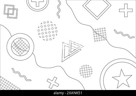 Black and white Memphis style coloring page featuring geometric shapes and abstract patterns. Ideal for creative relaxation and artistic projects. Stock Vector