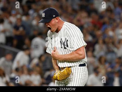 Bronx, United States. 07th June, 2024. New York Yankees pitcher Caleb Ferguson celebrates after the final out of the eighth inning against the Los Angeles Dodgers at Yankee Stadium on Friday, June 7, 2024 in New York City. The Dodgers defeated the Yankees 2-1 in 11 innings. Photo by John Angelillo/UPI Credit: UPI/Alamy Live News Stock Photo