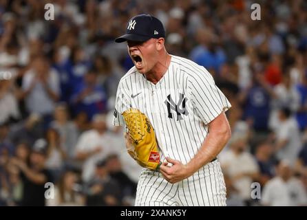 Bronx, United States. 07th June, 2024. New York Yankees pitcher Caleb Ferguson celebrates after the final out of the eighth inning against the Los Angeles Dodgers at Yankee Stadium on Friday, June 7, 2024 in New York City. The Dodgers defeated the Yankees 2-1 in 11 innings. Photo by John Angelillo/UPI Credit: UPI/Alamy Live News Stock Photo