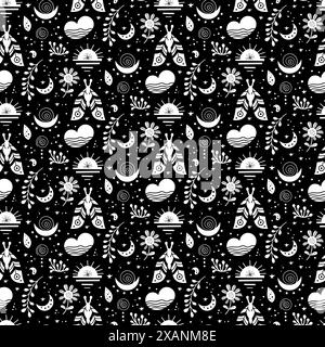 Seamless neo folk art vector pattern with butterfly, moth and flowers, black and white floral design. Neo folk style endless background perfect for Stock Vector