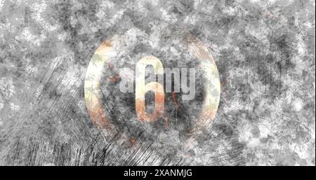 Number six prominently displayed in center of abstract, textured gray background Stock Photo