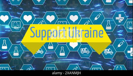 Image of support ukraine over hexagons with icons and blue lights moving fast Stock Photo