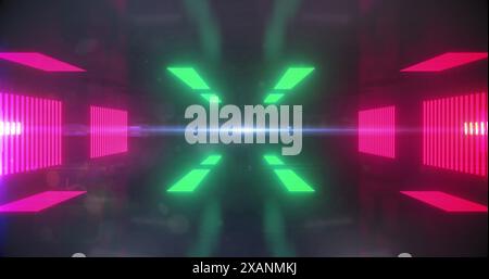 Image of green dots over neon lights in black space Stock Photo
